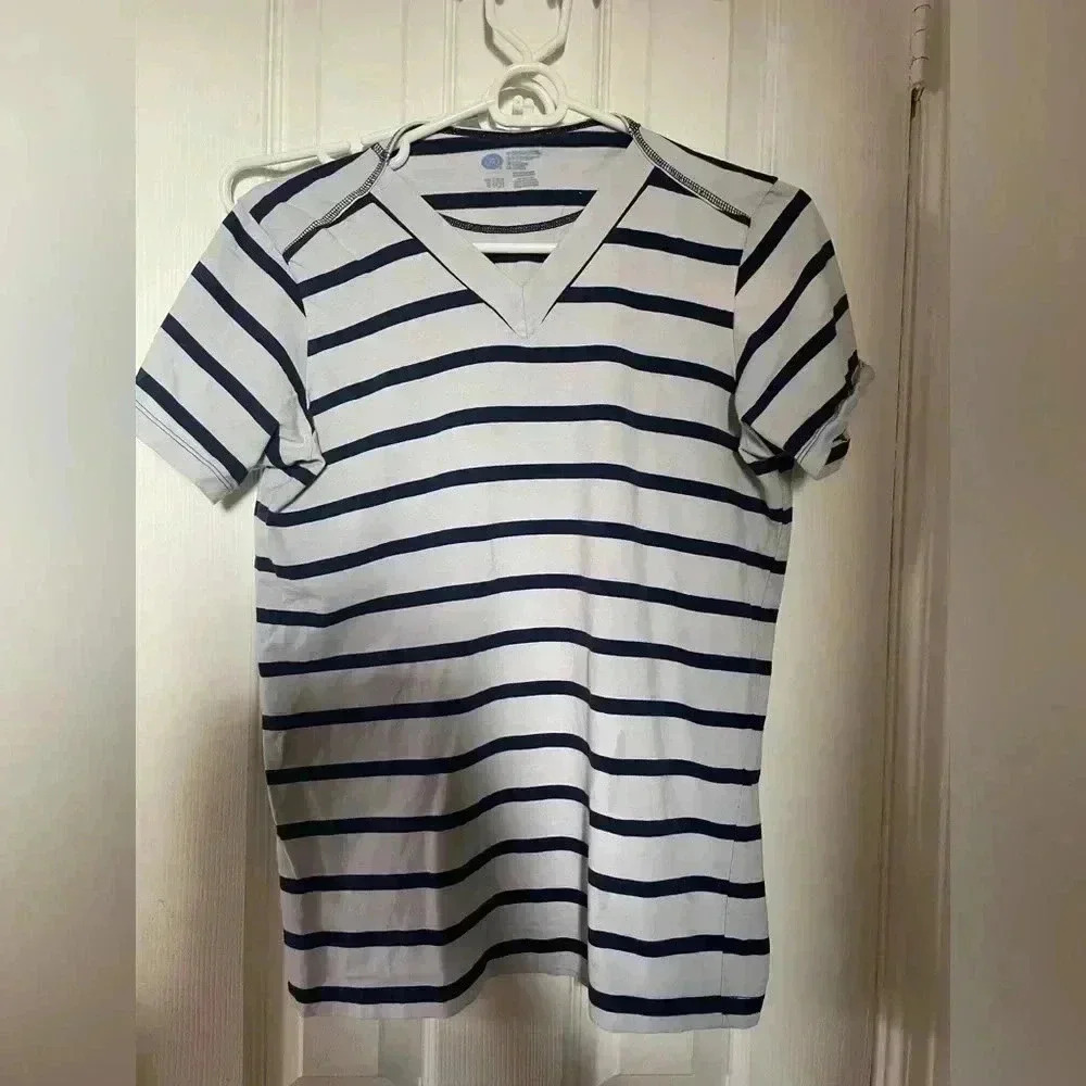 White and Blue stripped shirt, comfortable lightweight for summer size S V-Neck